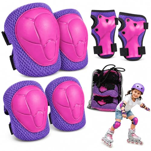 Kids Protective Gear Set 6PCS, Adjustable Knee Elbow Wrist Guards with Mesh Bag, Safety Protector for Kids Boys Girls, for Skateboard Roller Skating Biking Scooter Outdoor Sports