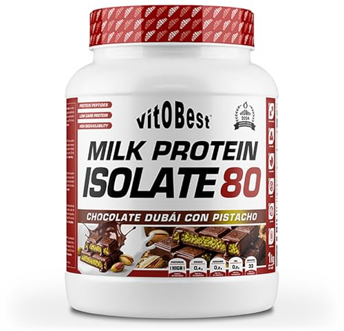 VITOBEST | Proteínas Milk Protein Isolate 80 | Más de 22 g de proteína láctea por toma, aminoácidos esenciales BCAA | Textura cremosa excelente solubilidad | Sabor Chocolate Dubái con pistacho - 1 kg