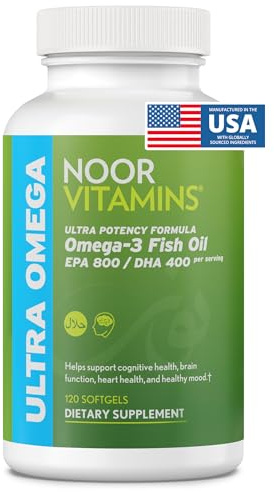 Halal Fish Oil, Halal Vitamins, Fish Oil Halal by Noor Vitamins, Ultra Omega 3 Wild Peruvian Fish Oil (800 mg EPA & 400 mg DHA) Heart, Brain & Joint Support, Non-GMO & Gluten Free (120 Count)