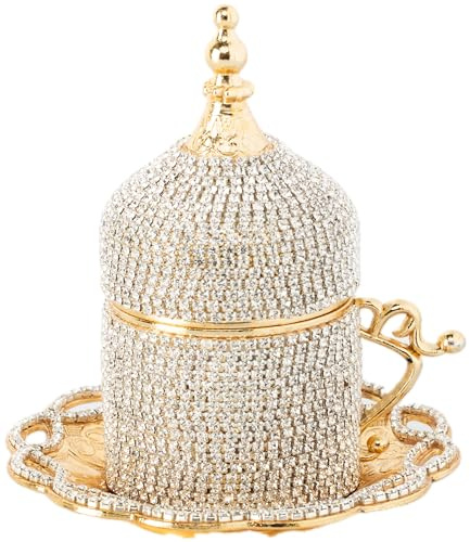 DEMMEX Türkische Kaffee- und Espressotasse, ausgefallene türkische, griechisch-arabische Kaffeetasse mit innerem Porzellan, Metallhalter, Untertasse und Deckel, handgefertigt mit Kristallen, 60 ml