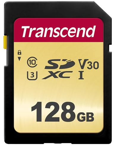 Transcend 128GB SDXC 500S Memory Card UHS-I, C10, U3, V30, 4K, Full HD, MLC, hasta 95/50 MB/s (ideal para cámaras DSLR y videocámaras avanzadas) con empaque sin frustración TS128GSDC500S-E
