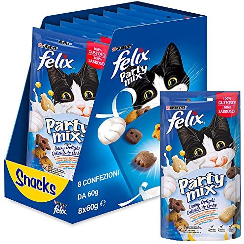 FELIX Party Mix Snack per Gatti Adulti con Latte, Yogurt e Formaggio 8 Confezioni da 60g