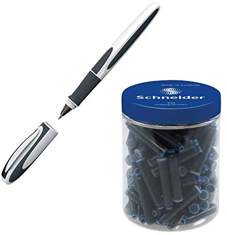 Schneider Patronenroller Ray (Tintenroller mit Edelstahlspitze, inkl. Tintenpatrone, Made in Germany) (blau/grau | mit 100 Patronen blau)