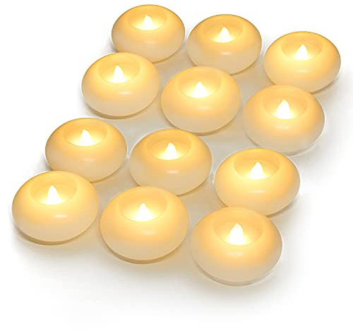 Homemory 3 Inch Flameless Floating Candles, White Real Wax, 100+ Hour, Battery Flickering Waterproof Tealights-Wedding Centerpiece, Engagement, Dinner Parties, Beach Parties, Home Decor, Set of 12