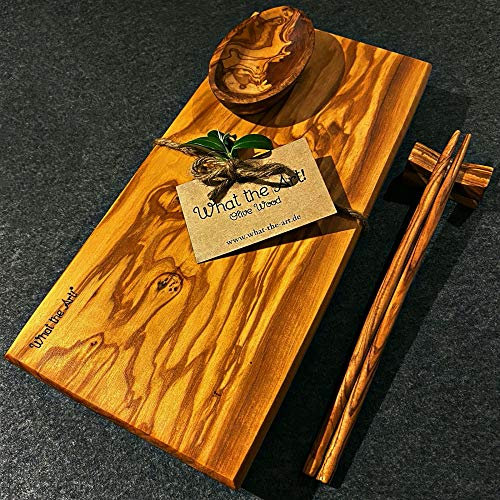 What the Art!® Olive Wood «Hachiko» | Plato de madera de olivo para sushi + cuenco + palillos + regalo | aprox. 30 x 14 x 2 cm