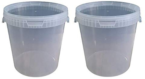 2 x 30 Liter Eimer mit Deckel transparent, stapelbarerer Milch-/Vorratseimer, Honigeimer Kunststoffeimer mit Lebensmittelfreigabe, Lebensmittelechte Behälter, Leereimer für Mehl, Wassereimer, 2 Stück