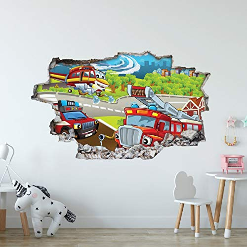 GRAVURZEILE Wandtattoo Kinderzimmer im Feuerwehr Design - Wandsticker Wandaufkleber - 3D Wanddurchbruch & Deko - Größe ca. 115 x 70 cm Farbe Feuerwehr V1