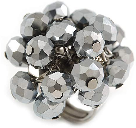 Avalaya Bague grappe de perles de verre gris hématite en métal argenté – Réglable 7/8