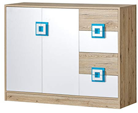 Marmex Nico N8 Hochkommode - Große Kommode - Hochschrank mit Regalen - Kommode für das Jugendzimmer, für das Kinderzimmer - Eiche Hell + Weiß + Türkis - 120x93x40cm