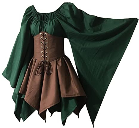 Bichingda Traditionell irländsk klänning för kvinnor, renässans, medeltida dräkt med utsvängda ärmar och korsett, viktoriansk klänning, för halloween