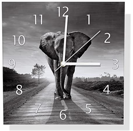 Wallario Design Wanduhr Elefant bei Sonnenaufgang in Afrika schwarzweiß aus Aluverbund, Alu-Uhr Größe 30 x 30 cm, weiße Zeiger mit Metalloptik