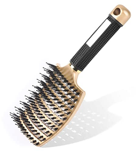 URAQT Hair Brush, Boar Bristle Paddle Hairbrush for Women, Soft Massage Hair Comb, Detangle Hair Brush for Long Thick Curly Hair, Reducing Hair Breakage and Frizzy Gold