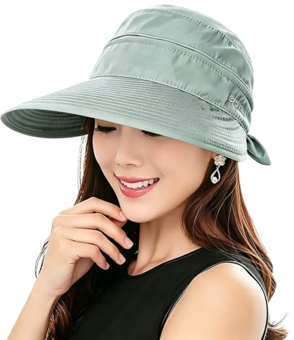 KXF Sombrero de sol para mujer con protección UV, visera plegable de ala ancha con parte superior desmontable, sombreros de sol en topless para verano, playa, senderismo, color beige, Greyish-green