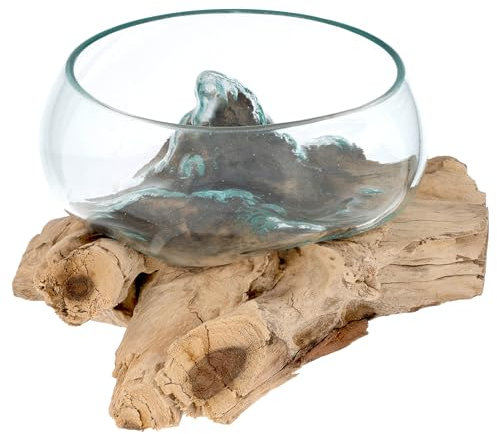 Divero Handgemachte mundgeblasene Glasschale auf Wurzelholz Glasvase Dekoschale aus Glas Ø 15 cm ca. 25 x 18 x 13 cm reine Handarbeit Gamal Teak Holz