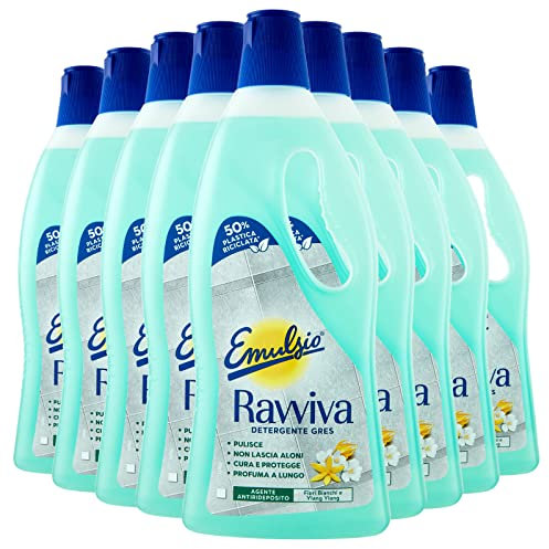 Emulsio Ravviva Grès Nettoyant sols pour grès cérame brillant ou mat formule avec agent anti-reposition, parfum de fleurs blanches et ylang-ylang, à longue durée – 9 flacons de 750 ml