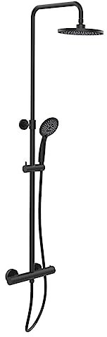 WENKO Duschsystem Young Eco, mit Thermostat-Armatur und 2 Watersaving Regulatoren, Regenduschkopf Ø20 cm und Handbrause Ø11 cm mit 5 Funktionen, Design-Duschschlauch aus Kunststoff, Schwarz
