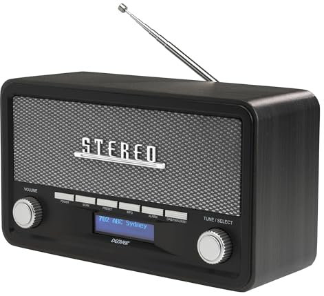 Denver DAB-18 Vintage Style Stereo DAB/DAB+ & FM Radio – Real Wood Cabinet, Bluetooth, Clock Radio Alarm, AUX IN for Smart Phone/Tablet / MP3 Player – Mains or Battery