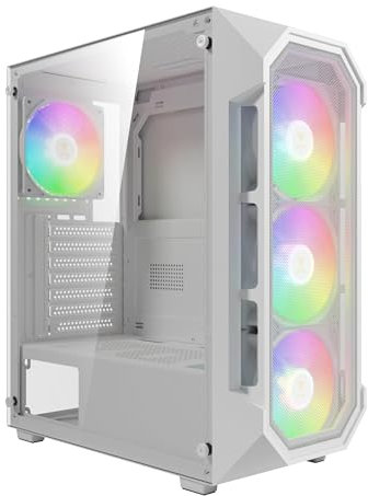 GAMDIAS PC Gaming Gehäuse, ATX Mid Tower Computer Case, Vorinstallierte 4 x120mm FRGB-Lüfter, Airflow Mesh Front, Gehärtetes Glas-Seitenfenster, Weiß