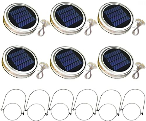 Naisicatar 6PCS Solar Mason Jar Lid Light 20 LEDs Hanging Lantern Lamp 2m String Lights Handle Firefly Jar Lids Lights for Patio Garden Decor(Warm Light)