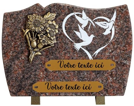 France Tombale Plaque funéraire personnalisée gravure - Granit - Assemblée en France - Bronze bouquet - H 18 X L 25 cm - 2 textes
