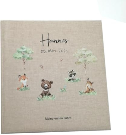 Tenii® Fotoalbum personalisiert Baby, Kind Waldtiere Leinen, Erinnerungsalbum (30x31cm - 60 Seiten)
