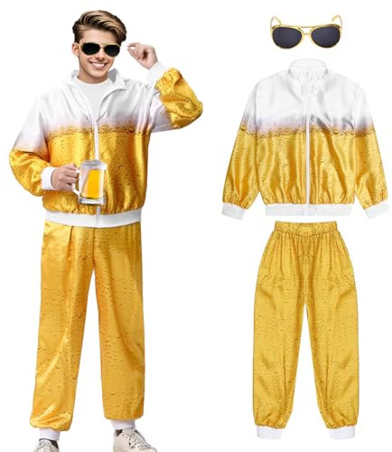 Marypaty 80er Jahre Outfit Damen Herren, 80er 90er Kostüm Trainingsanzug Jacke Hose Party Accessoires, Retro Anzug Karneval Kostüm Herren für Faschingskostüm Karneval (Gelb, XL(180-185 cm))