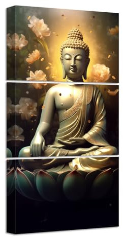LZIMU goldene Buddha Leinwand Wanddrucke 3-teilige Buddha Statue mit Lotus Kunstdrucken Zen Bilder Spa Dekoration für Meditation Yoga Zimmer Büro (A, 28.00 x 35.00 cms x 3PCS)
