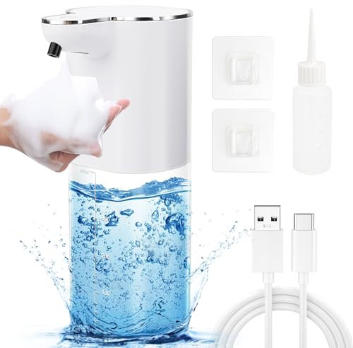 Distributore di sapone elettrico da parete, 400 ml, ricaricabile USB, regolabile in 4 posizioni, IPX5, impermeabile, distributore automatico di sapone in schiuma per bagno, WC, cucina – bianco