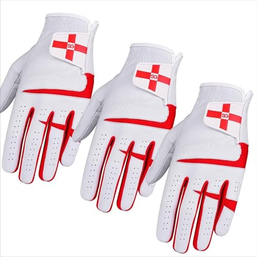3 Stück Cabretta Leder Herren Golfhandschuhe, für alle Wetterbedingungen, weicher Griff, atmungsaktiv & bequem, Rechts- & Linkshänder Golfer - England Rechte Hand L