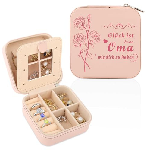 WALLFID Schmuckkästchen Reise,Pink Schmuckaufbewahrung mit Spiegel,Schmuck Reiseetui,personalisierte Geschenke,Oma Geschenk,Geschenk Oma,Geschenke für Oma,Geschenk für Oma(Rosa Rosen, Oma)