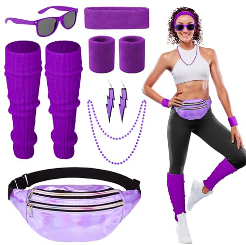 Heyu-Lotus 80er Jahre Outfit Damen, 90er Jahre Kostüm Kleidung Accessoires mit Bauchtasche, Stirnband, Beinwärmer, Armbänder, Brille und Ohrring für Karneval Neon Party