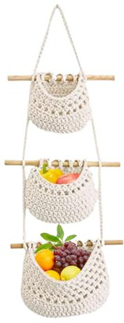 Obst-Gemüse-Hängematte, vielseitig einsetzbar, 3 Etagen, Makramee-Obsthängematte, hängende Obstkörbe, Küche, Hänge-Organizer, Aufbewahrung, Heimdekoration, hängende Obstkörbe, 3 Etagen, Obstkorb, häng