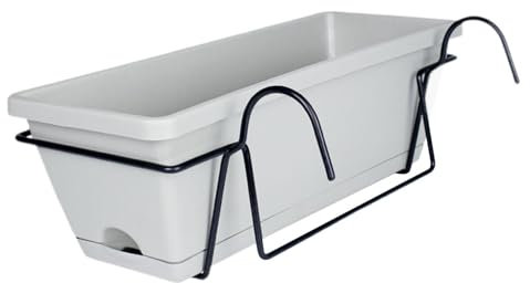 perfk Macetero para balcón con Bandeja y Estante, 43x19x15cm, para Exteriores, Rectangular, versátil, para terraza, barandilla, macetero, Gris Claro