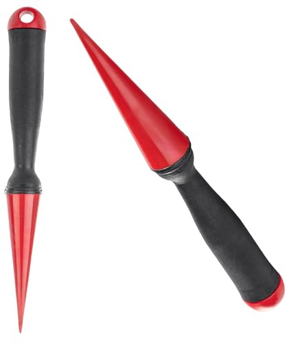 KADAX Einpflanzhilfe aus Metall, Pflanzlochstecher mit bequemem Griff aus Holz, Blumenzwiebelpflanzer, Zwiebelpflanzer, Pflanzschaufel, Pikierstab (Rot, 26cm)