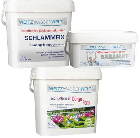 SCHWIMMTEICHKLAR & PFLANZENPFLEGE Set - Schlammentferner, Wasseroptimierer & Teichpflanzen Dünger - das ideale Teich Zubehör für klares Wasser im Fischteich und prachtvolle Sumpf- & Wasserpflanzen