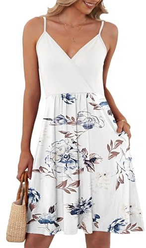 AUSELILY Robe Courbe élégante D'été Femme Bretelles sans Manches Robes Décontractée Courte Col en V avec Poches Fleurs Blanches L