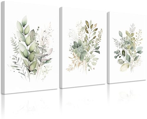 Watercolor Botanical Wall Art Set of 3 Boho Floral Canvas Wall Decor Prints Sage Green Wildflower Wall Art Modern Flower Pictures Botanical Painting for Bedroom Bathroom 12x16 Inch Wrapped Canvas