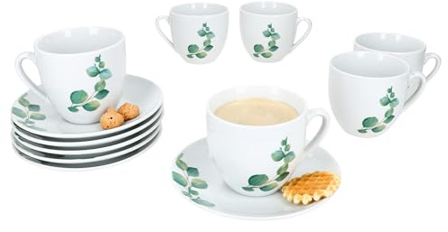 MamboCat Eukalyptus Kaffeetassen mit Untertassen für 6 Personen I Porzellan-Set mit grünem Pflanzen-Dekor für Frühstück & Kaffee I Je 6X Teetassen 180ml & Untertassen