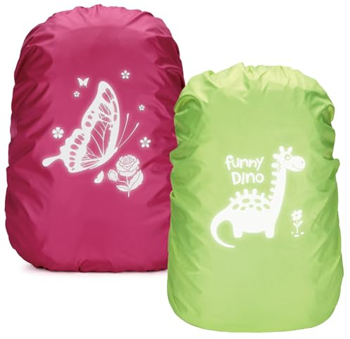 Regenschutz Schulranzen,2 Stück Reflektierender Regenschutz Rucksack,Step by Step Regenschutz,Reflektor Schulranzen Regenhülle Einhorn Dino Schmetterlinge,Camping Wandern Schule Alltag ideale Wahl