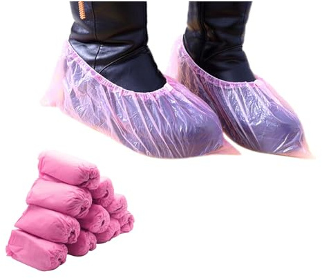 Lot de 100 couvre-chaussures jetables, imperméables, antidérapants, pour l'intérieur et l'extérieur, protection du sol (rose)