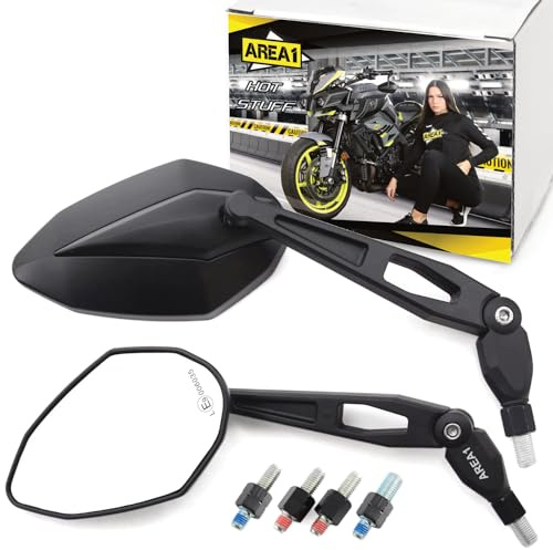 Area1 Universal Motorrad Rückspiegel Paar e-geprüft 2x M10 Rechtsgewinde + Linksgewindeadapter, kompatibel mit z.B. Duke, SMC/R Z900 Z750 Z650 Z500 Z125 ER-6N MT07 MT09 MT125 CB F Hornet Monster (V1)
