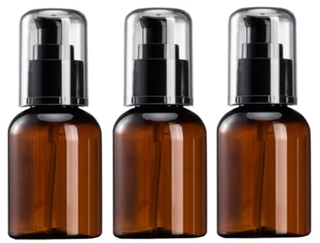 VASANA 3Pcs 50ml/1.7oz Empty Amber Plastic Lotion Pump Bottles with Black Press Top Refillable Foundation Dispenser Jar Sample Vials Travel Cosmetic Container for Essential Oil Toner