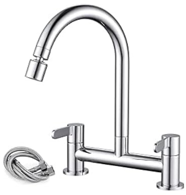 Bridge Kitchen Sink Mixer Taps, 360° Swivel Spout Kitchen Cold and Hot Mixer Tap, 2 Hole Deck Mounted Chrome Dual Handle Bridge Tap, with 60cm Water Hose for Kitchens,Bathroom