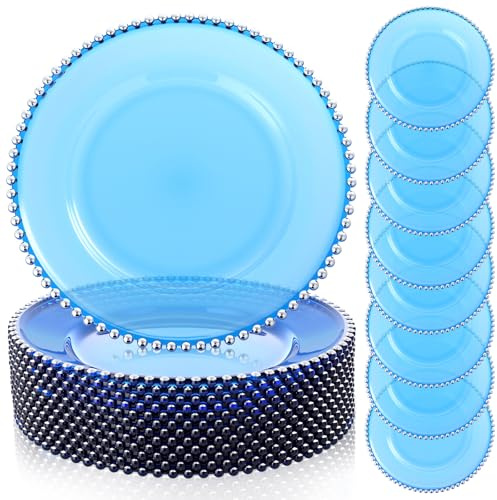 LemonRoad 12 Pack Blue Charger Plates 13'' Plastic Clear Blue Chargers with Bead Rim Round Tabletop Decorative Plates for Wedding Bridal Shower Holiday Party Home Restaurant Supplies(Silver)