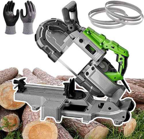 Sega a nastro portatile per il taglio di metalli, potenza 1100 W con velocità variabile della lama, include lame multiple e guanti, ideale per legno, carne congelata e barre di acciaio