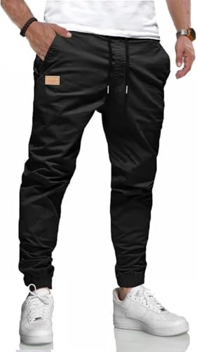 KUNJLELP Pantaloni Chino Uomo da Lavoro Pantaloni Casual Leggeri Jogging Pantalon Elastico in Vita con Tasche,Nero,M