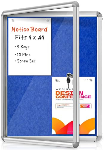 Sliandtelly Lockable Notice Board 66x51cm, Blue Felt Pin Board 4xA4 Display | Tamperproof Aluminium frame with Door Cover(2 keys), 10mm Thick Felt Board, Easy Wall Mount for Indoor Office School Commerce