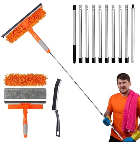 4.5M Window Cleaning Kit with 10 Extension Poles, Crevice Brush, Silicone Squeegee & Microfiber Cloths, Telescopic Window Cleaner for High Indoor/Outdoor Windows, Glass, Wall and Car