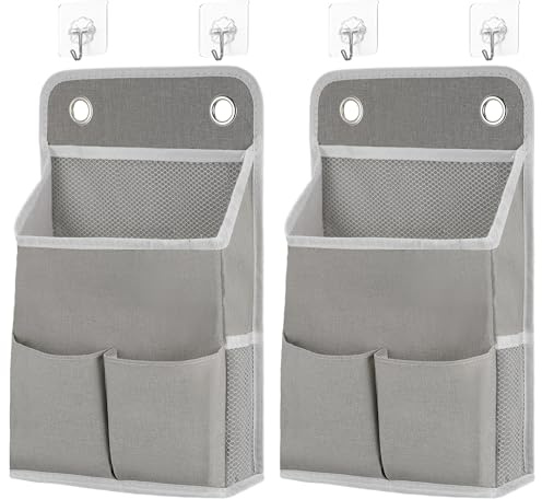 Huiguli 2Pcs Foldable Wall Hanging Storage Bag with 4 Hooks, 5-Pockets Hanging Organiser for Kitchen, Bedroom, Office (Grey) ﻿