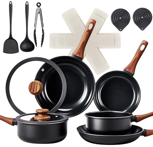 Bonnlo 17Pcs Pots and Pans Set Non Stick, Saucepan Set, Pot Set Non Toxic, Cookware Set with Lid, RV Cookware, PFAS PFOA & PFOS Free - Black